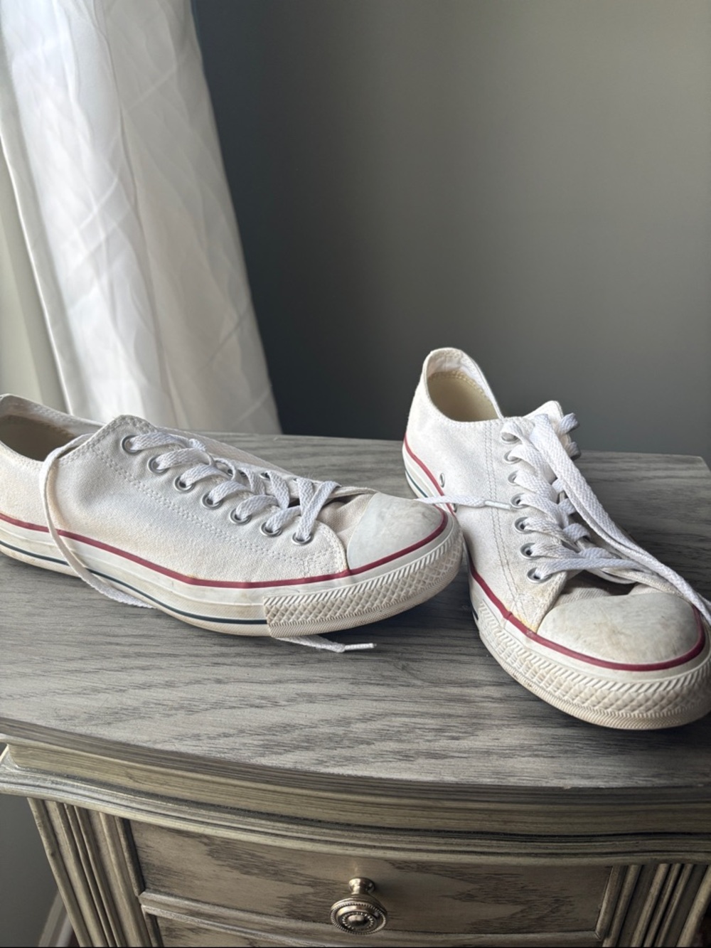 Converse White Canvas Low-Top Sneakers with Red and Blue Stripe
